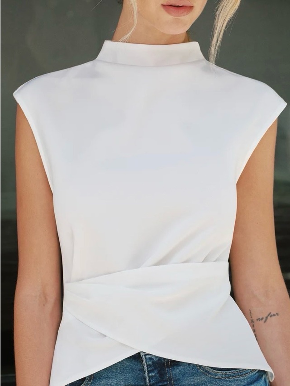 Commense White Sleeveless Mock Neck Wrap-Detail Top